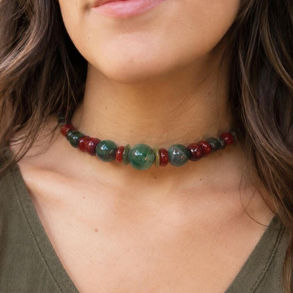 Green Indian Agate Choker with Red Czech Glass, Carnelian, Jasper & Wood Beads